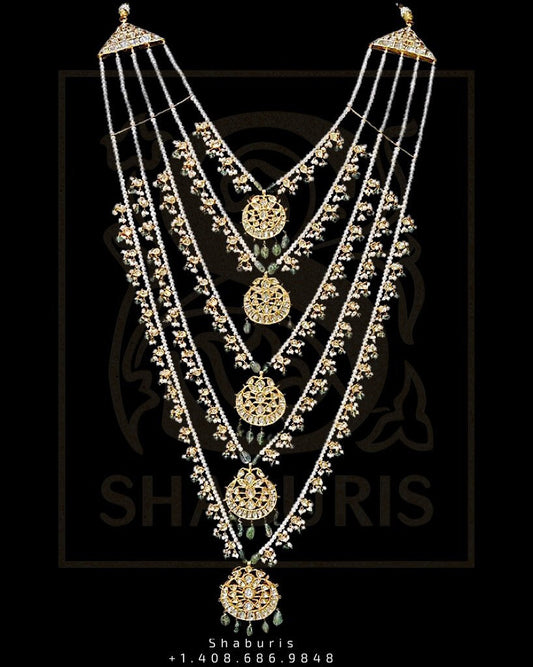 Paanch Lada,Saath Lada,Chandbali,Polki Diamond Jewelry,Moissanites,Pearls,Fresh Water Pearl Jewelry,Bridal Haram Sabyasachi Style