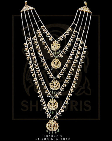 Paanch Lada,Saath Lada,Chandbali,Polki Diamond Jewelry,Moissanites,Pearls,Fresh Water Pearl Jewelry,Bridal Haram Sabyasachi Style