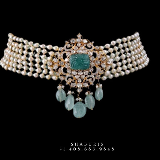 Polki necklace, pendent,Pure silver polki choker Indian necklace ,pearls emerald-SHABURIS