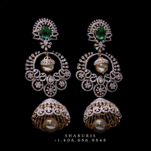 Diamond Jhumka,diamond chandbali,diamond earrings indian,detatchable diamond jhumka,swarovski diamond jhumka,chandbali earrings,silver