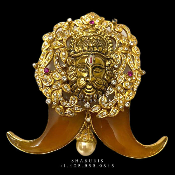 Gold Lakshmi Narasimha Swami Nail Pendant crafted with  Swarovski,rubies,emralds stones & synthetic nails. We do Customised Order  for more... | Instagram