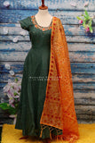 Ikkat,Indian Designer anarkali,Indian Stitched Dress for women, zardhosi maggam mirror work green Dress ,Indian Partywear patola Duppatta
