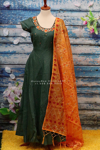 Ikkat,Indian Designer anarkali,Indian Stitched Dress for women, zardhosi maggam mirror work green Dress ,Indian Partywear patola Duppatta