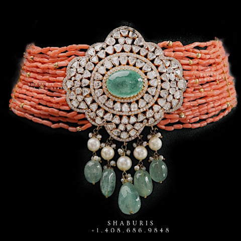 Coral mala,coral pendent,Pure silver coral choker Indian necklace ,Moissanite-NIHIRA-SHABURIS