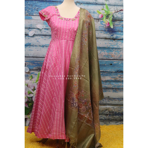 Chanderi,Indian Designer anarkali,Indian Stitched Dress for women, zardhosi maggam mirror work green Dress ,Indian Partywear Dress Duppatta