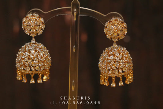 Diamond jhumka,big jhumka,swarovski,south sea pearl earring,party wear earrings,designer jewelry,hand picked jewelry,celebrity jewelry