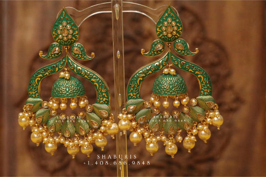 Menakari jhumka,big jhumka,kundan,south sea pearl earring,party wear earrings,designer jewelry,sabyasachi jewelry inspired