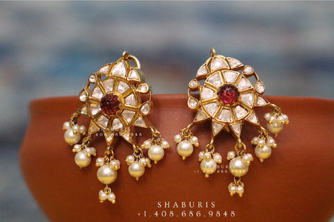 Polki jhumka,indian jewelry,Cocktail Earrings,jhumka Jewelry in Silver,Indian Earrings,Indian Jewelry,flat diamond studs-NIHIRA-SHABURIS