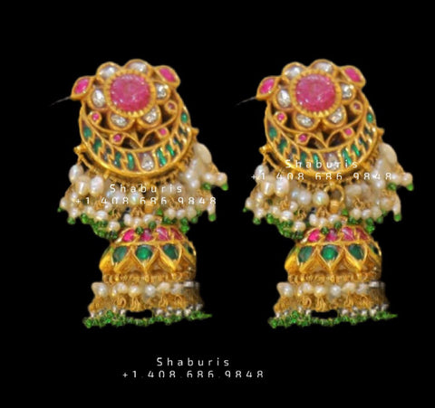 Ruby Jhumka ,nakshi jewelry,antique finish ,antique indian Jewelry,Sterling Silver Jewelry,bridal kundan set,butta earrings,jhumkas,nakshi
