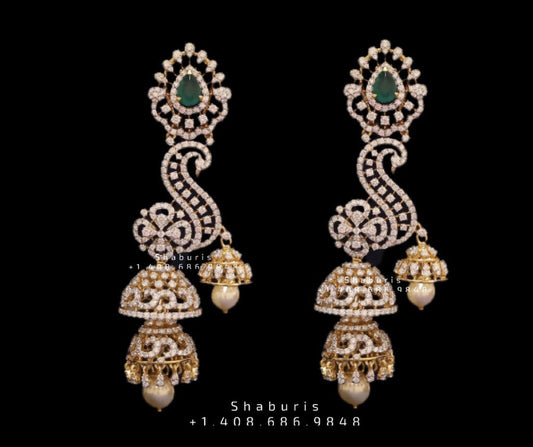 Detatchable Diamond Buttalu,Swarovski Diamond Jhumka Jewelry,South Indian Jewelry,Jhumka Earrings,Jhumki,  indian jewellery Designs -NIHIRA