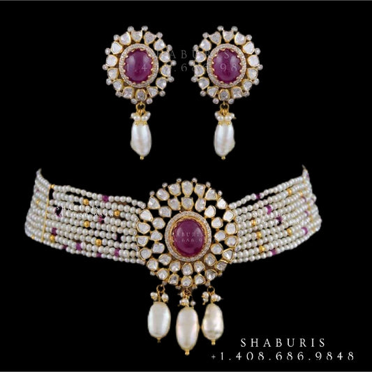 Ruby choker,polki diamond pendent,Pure silver south sea pearl choker Indian necklace ,statement jewelry,pendent ,Moissanite-NIHIRA-SHABURIS