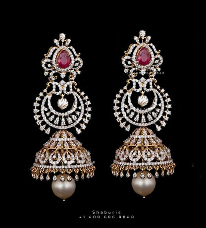 Diamond Buttalu,Swarovski Diamond Jhumka Jewelry Design,detatchable Jhumka Earrings,Jhumki,three in one diamond jhumka,buttalu,jhumka 3 in 1