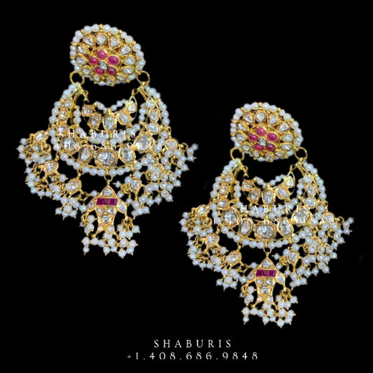 Polki jhumka,indian jewelry,Cocktail Earrings,jhumka Jewelry in Silver,Indian Earrings,Indian Jewelry,flat diamond studs-NIHIRA-SHABURIS