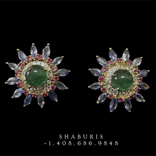 Jhumkas,Jhumki,Latest Indian Jewelry,South Indian Jewelry,Pure silver big Indian Studs, Earrings, Tanzanite studs-NIHIRA-SHABURIS