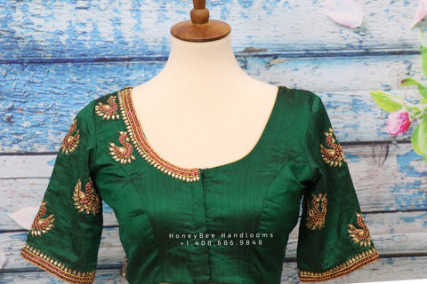 Maggam work designer blouse - Pattu Saree Blouse -kundan work blouse - handloom Saree Blouse - bottle green Saree Blouse - green  Blouse