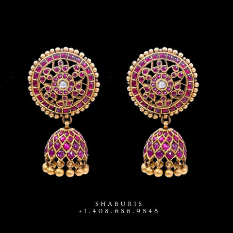 Ruby kundan Jhumka,jhumki,buttalu earrings,ruby jhumka,kundan jhumka,detatchable earrings,ruby stud,antique indian jewelry, gemstone jewelry