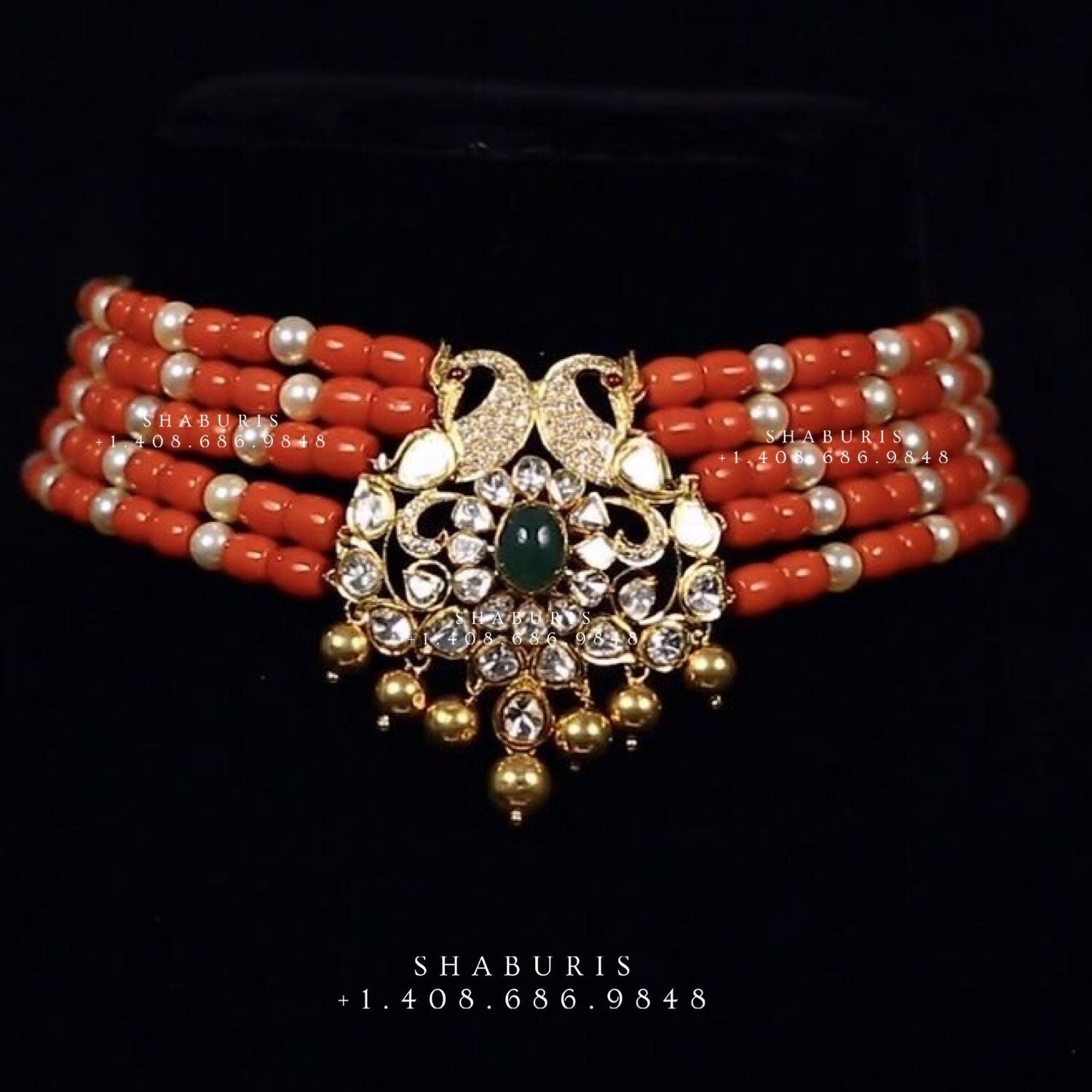 Coral mala,coral pendent,Pure silver coral choker Indian necklace ,Moissanite-NIHIRA-SHABURIS