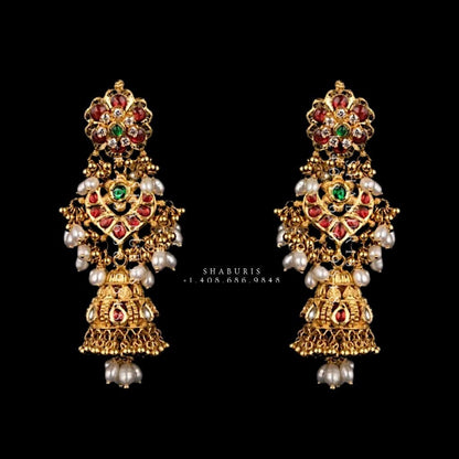 Antique Jhumka,antique buttalu indian,indian gold earrings,chandbali jhumka,ruby emerald jhumka,chandbali earrings,silver
