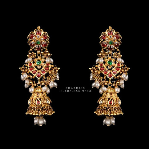 Antique Jhumka,antique buttalu indian,indian gold earrings,chandbali jhumka,ruby emerald jhumka,chandbali earrings,silver