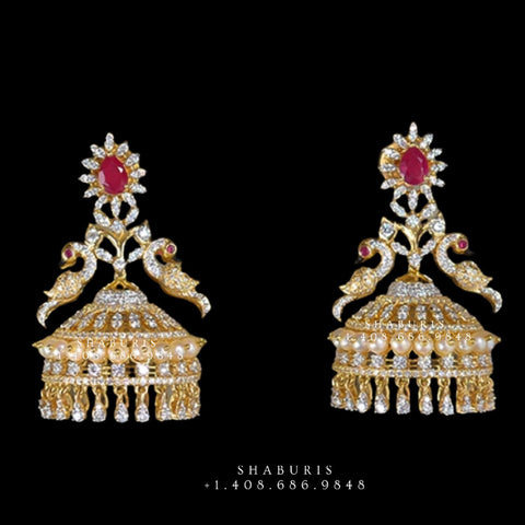Peacock Jhumka,diamond buttalu,diamond jhumka indian,detatchable diamond jhumka,swarovski diamond jhumka,indian earrings,silver