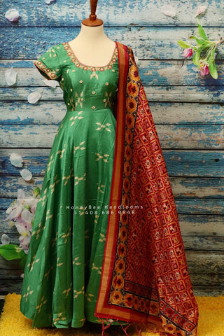 Ikkat,Indian Designer anarkali,Indian Stitched Dress for women, zardhosi maggam mirror work green Dress ,Indian Partywear patola Duppatta