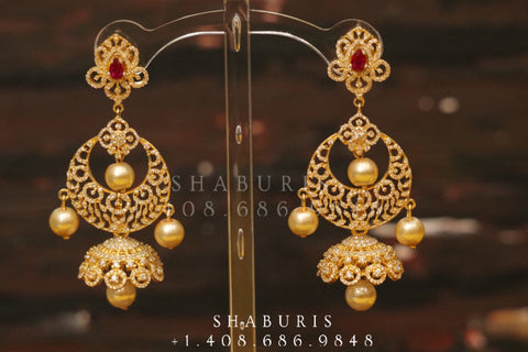 Diamond Jhumka,diamond chandbali,diamond earrings indian,detatchable diamond jhumka,swarovski diamond jhumka,chandbali earrings,silver