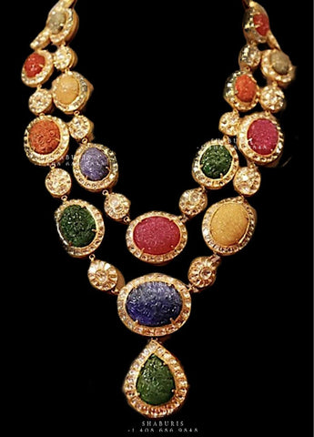 Polki Diamond navaratan Pure Silver jewelry Indian ,polki Necklace,Indian Necklace,navaratnalu polki haram,navaratan haram-NIHIRA-SHABURIS
