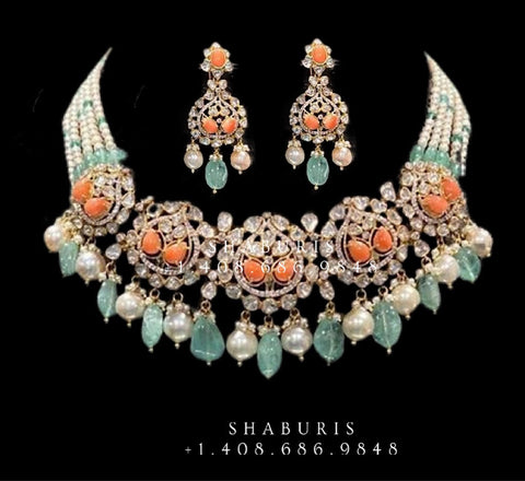 Polki Diamond Choker Pure Silver jewelry Indian ,polki Necklace,Indian Necklace,uncut diamond choker,diamond haram-NIHIRA-SHABURIS