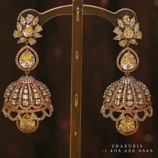 Diamond jhumka,big jhumka,swarovski,south sea pearl earring,party wear earrings,designer jewelry,hand picked jewelry,celebrity jewelry