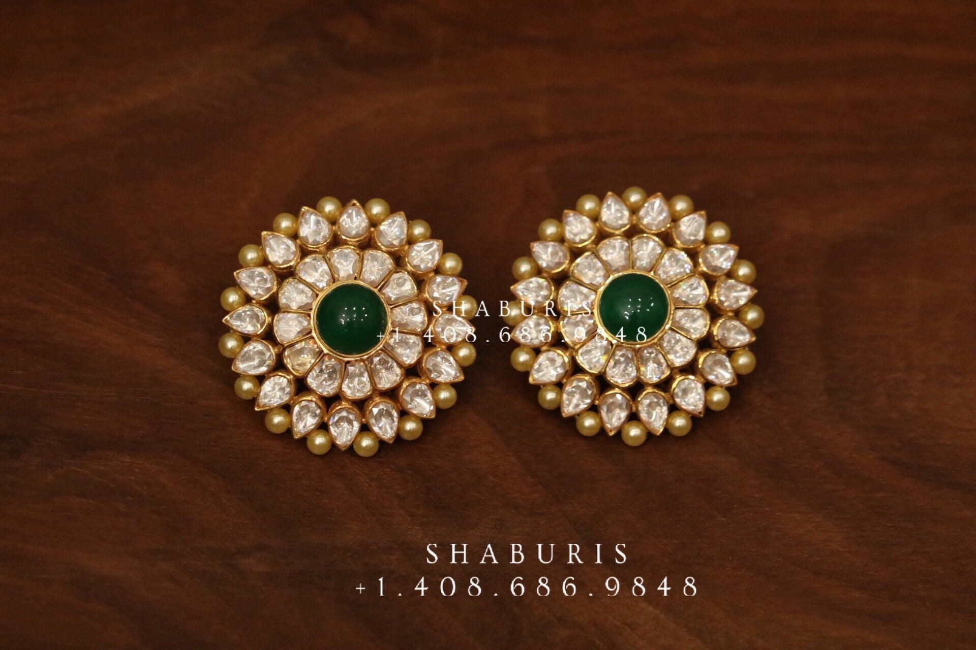 Emerald stud,polki stud,polki diamond jewelry in silver,big studs,indian jewelry,statement jewelry-SHABURIS
