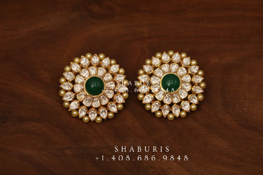 Emerald stud,polki stud,polki diamond jewelry in silver,big studs,indian jewelry,statement jewelry-SHABURIS