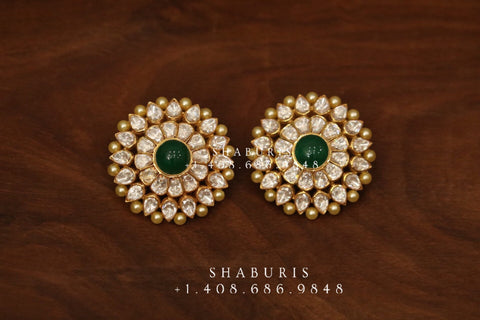 Emerald stud,polki stud,polki diamond jewelry in silver,big studs,indian jewelry,statement jewelry-SHABURIS