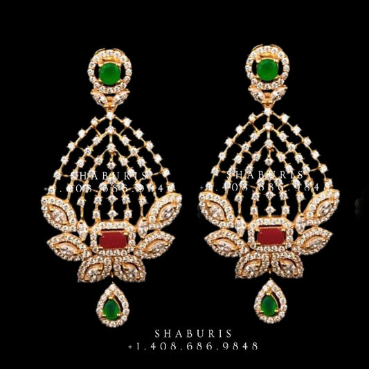 Diamond Jhumka,diamond chandbali,diamond earrings indian,detatchable diamond jhumka,swarovski diamond jhumka,chandbali earrings-SHABURIS