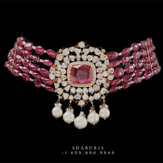 Ruby choker,polki diamond pendent,Pure silver south sea pearl choker Indian necklace ,statement jewelry,pendent ,Moissanite-NIHIRA-SHABURIS