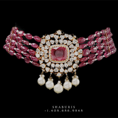 Ruby choker,polki diamond pendent,Pure silver south sea pearl choker Indian necklace ,statement jewelry,pendent ,Moissanite-NIHIRA-SHABURIS