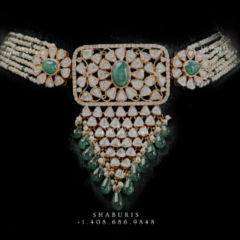 Pearl choker,polki diamond pendent,Pure silver south sea pearl choker Indian necklace ,statement jewelry,pendent ,emerald-NIHIRA-SHABURIS