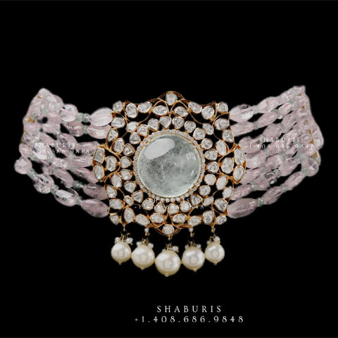 Morganite choker,polki diamond pendent,Pure silver choker Indian necklace ,victorian jewelry,pendent ,Moissanite-NIHIRA-SHABURIS