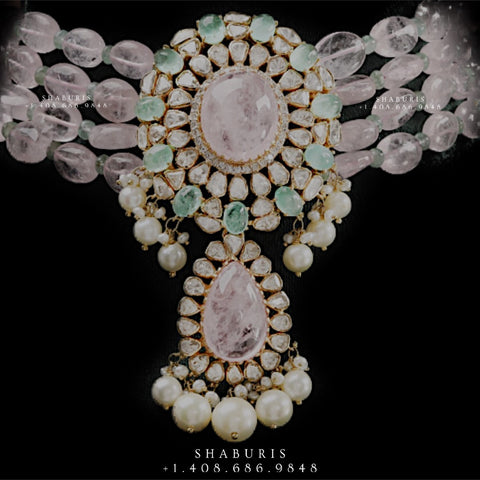 Morganite choker,polki diamond pendent,Pure silver choker Indian necklace ,victorian jewelry,pendent ,Moissanite-NIHIRA-SHABURIS