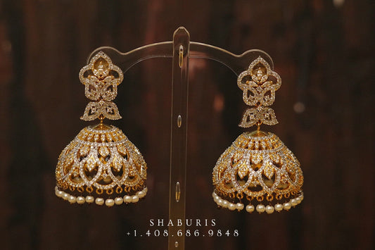 Diamond jhumka,big jhumka,swarovski,south sea pearl earring,party wear earrings,designer jewelry,hand picked jewelry,celebrity jewelry