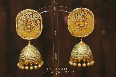 Menakari jhumka,big jhumka,kundan,south sea pearl earring,party wear earrings,designer jewelry,sabyasachi jewelry inspired
