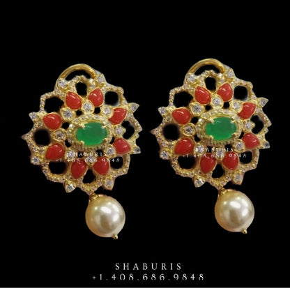Coral studs,indian jewelry,Cocktail Earrings,jhumka Jewelry in Silver,Indian Earrings,Indian Jewelry,flat diamond studs-NIHIRA-SHABURIS