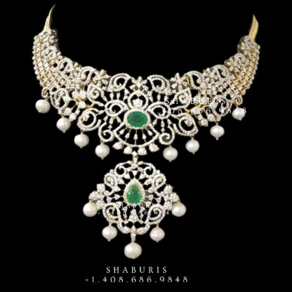 Swarovski Diamond Choker Pure Silver jewelry Indian ,diamond Necklace,Indian Necklace,Indian Bridal,Indian Wedding Jewelry-NIHIRA-SHABURIS