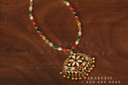 Navaratan necklace,Pure Silver Jewellery Indian ,simple Necklace,rubies,Indian party wear jewelry,Indian kids Jewelry-NIHIRA-SHABURIS