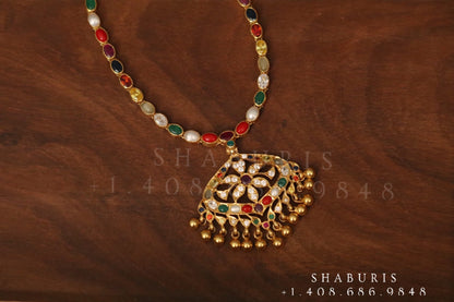 Navaratan necklace,Pure Silver Jewellery Indian ,simple Necklace,rubies,Indian party wear jewelry,Indian kids Jewelry-NIHIRA-SHABURIS