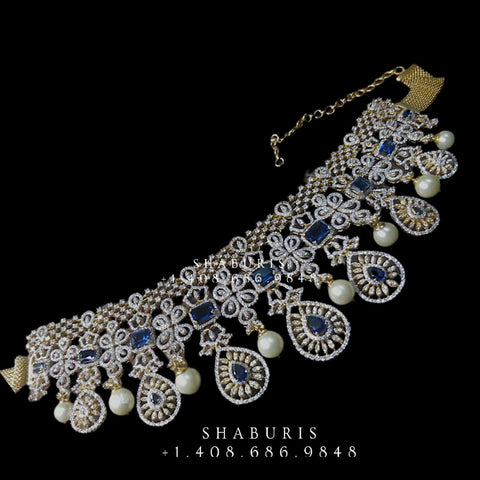 Diamond haram,Pastel bead pendent,emeralds,Swarovski diamond necklace, pendent,Pure silver polki choker Indian necklace -Shaburis