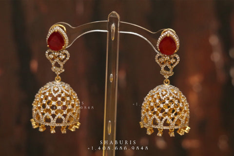 Diamond Jhumka,diamond chandbali,diamond earrings indian,detatchable diamond jhumka,swarovski diamond jhumka,chandbali earrings-SHABURIS