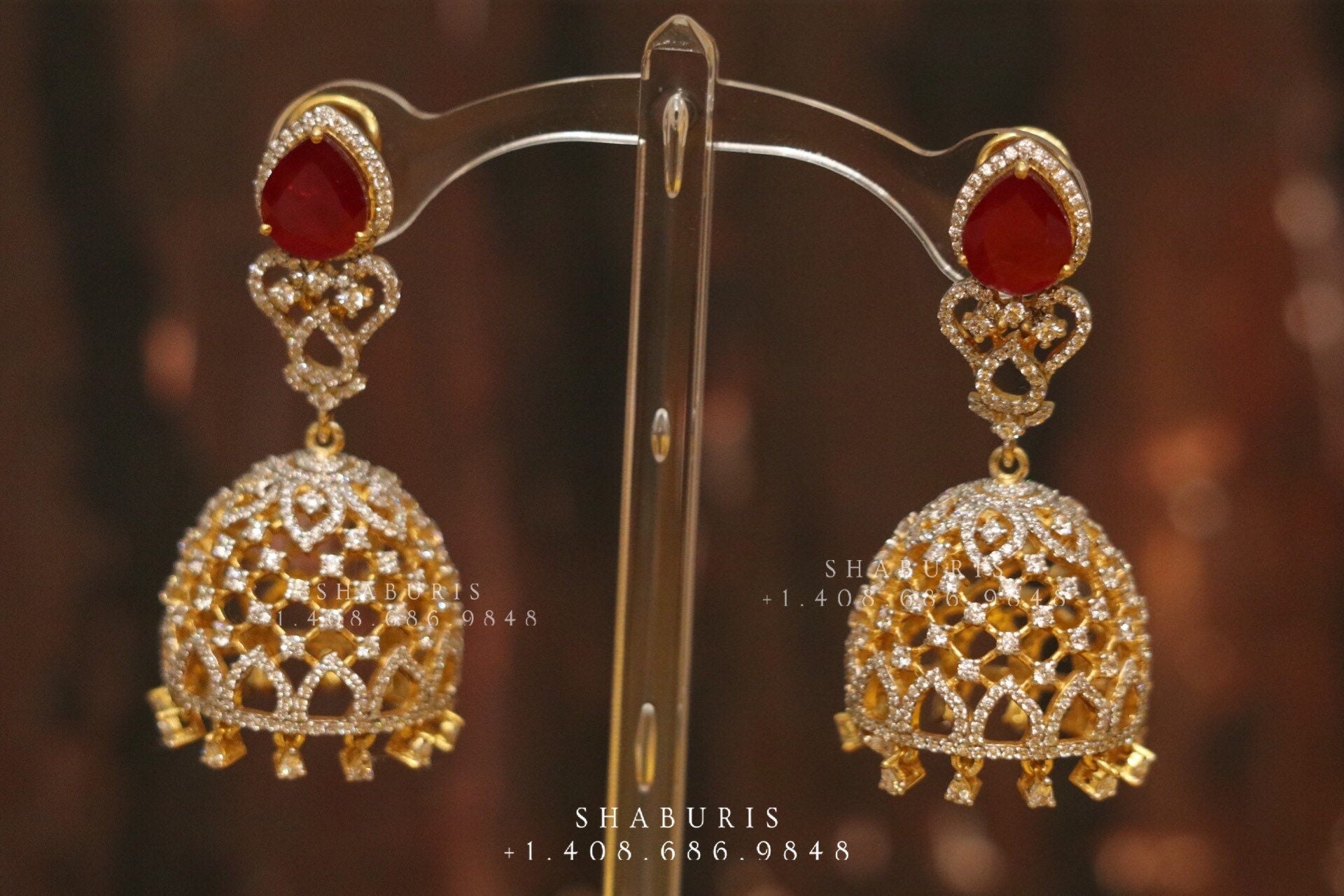 Diamond Jhumka,diamond chandbali,diamond earrings indian,detatchable diamond jhumka,swarovski diamond jhumka,chandbali earrings-SHABURIS