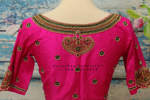 Jewelry work designer blouse - Pattu Saree Blouse -Maggam work blouse - Kundan work blouse - Saree Blouse - Pink Saree Blouse - Pink Blouse