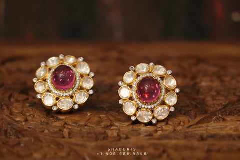 Ruby stud,polki stud,polki diamond jewelry in silver,big studs,indian jewelry,statement jewelry-SHABURIS