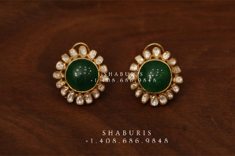 Emerald stud,polki stud,polki diamond jewelry in silver,big studs,indian jewelry,statement jewelry-SHABURIS